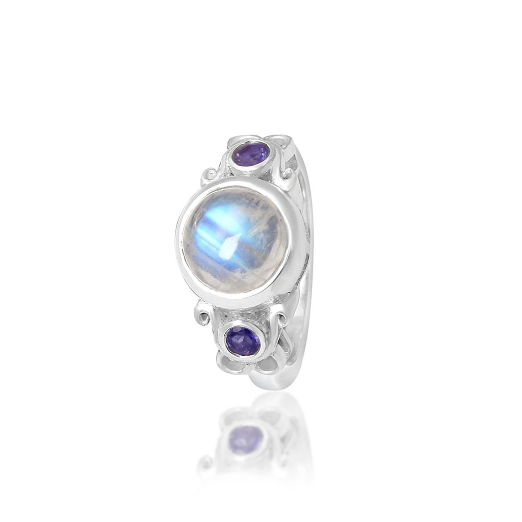 Natural Rainbow Moonstone Sterling Silver Ring
