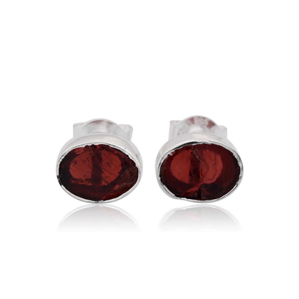 Natural Garnet Birthstone Sterling Silver Round Studs Earrings