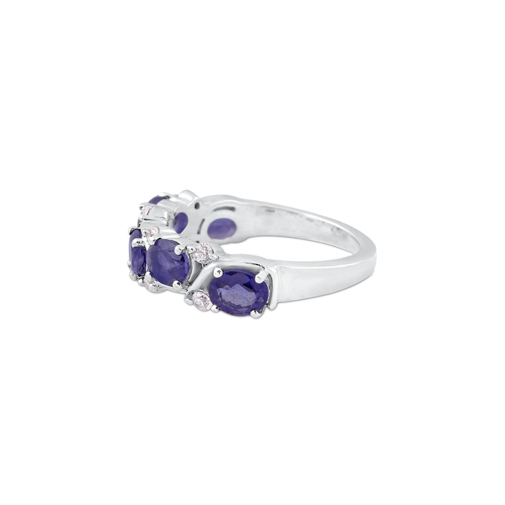 Natural Iolite and Cubic Zirconia Gemstone Sterling Silver Band Ring