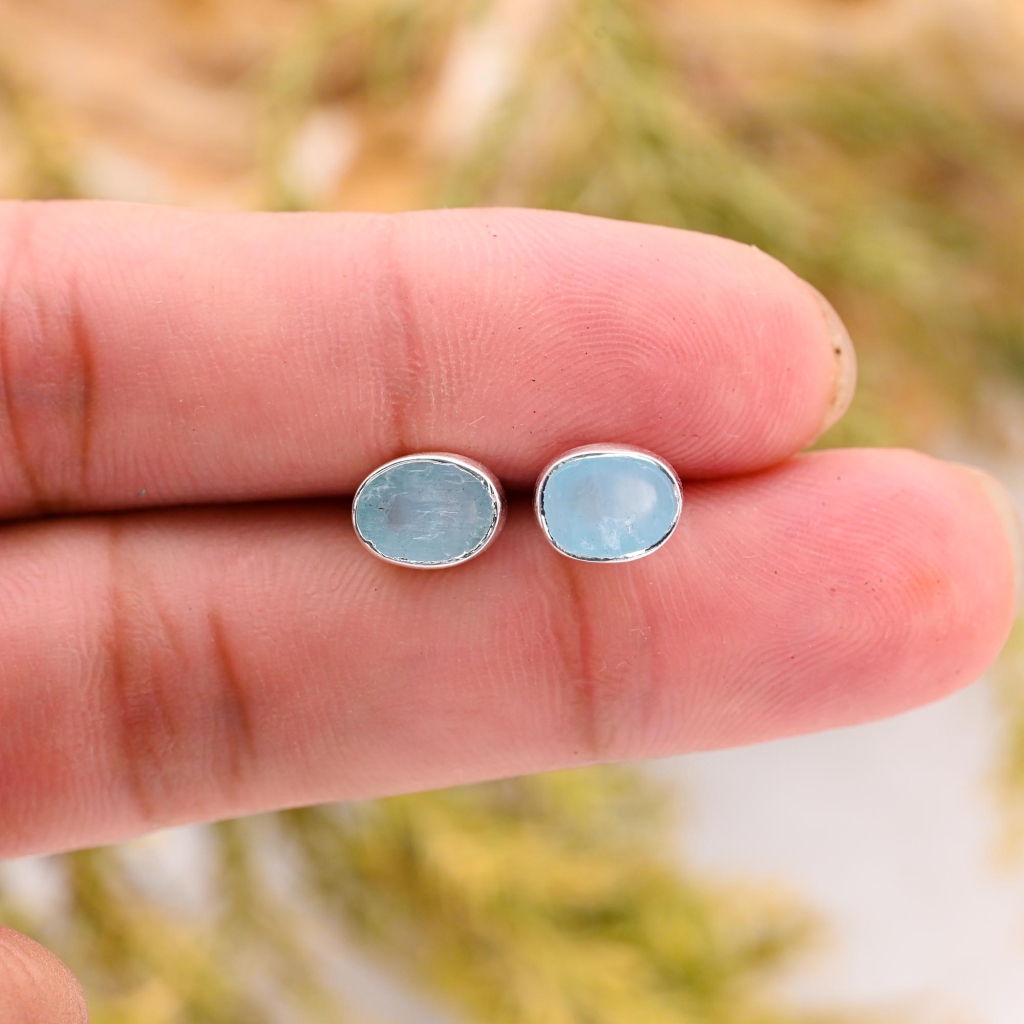 Natural Aquamarine Birthstone Sterling Silver Round Studs Earrings