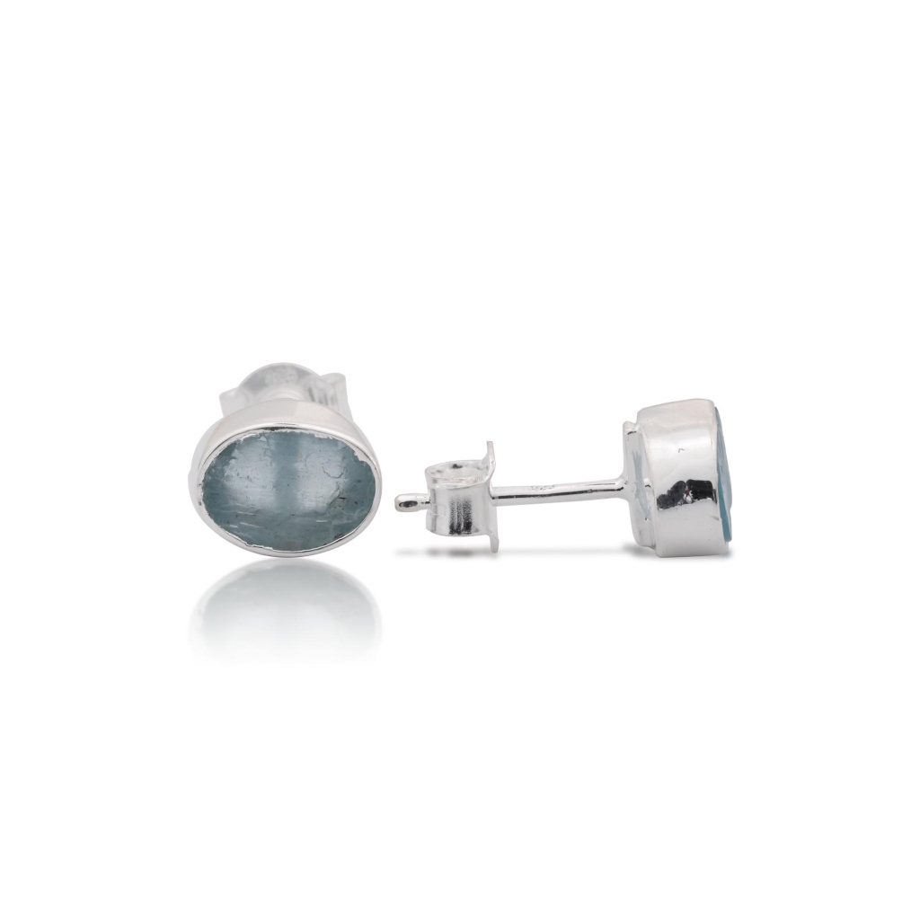 Natural Aquamarine Birthstone Sterling Silver Round Studs Earrings