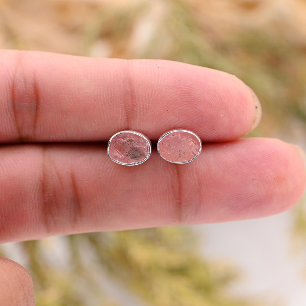 Natural Rose Quartz Birthstone Sterling Silver Round Studs Earrings