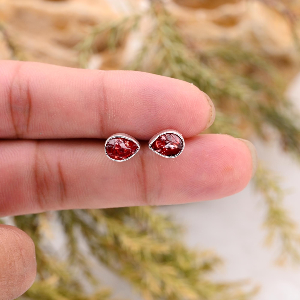 Natural Garnet Birthstone Sterling Silver Round Studs Earrings