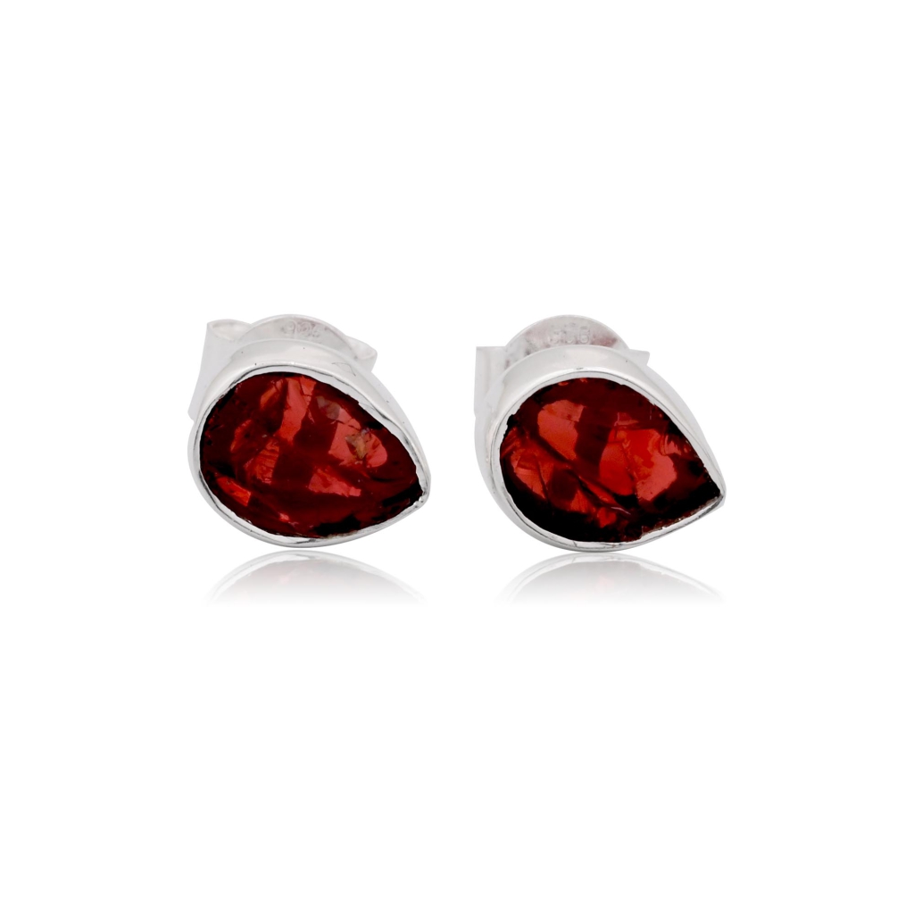 Natural Garnet Birthstone Sterling Silver Round Studs Earrings