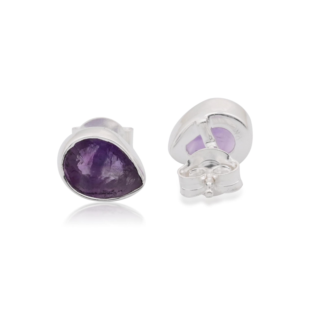 Natural Amethyst  Birthstone Sterling Silver Round Studs Earrings