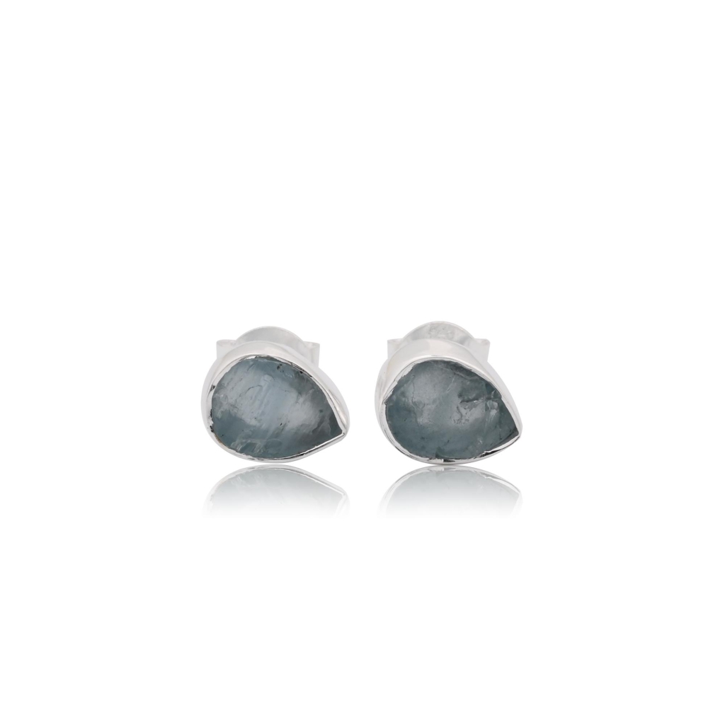 Natural Aquamarine Birthstone Sterling Silver Round Studs Earrings