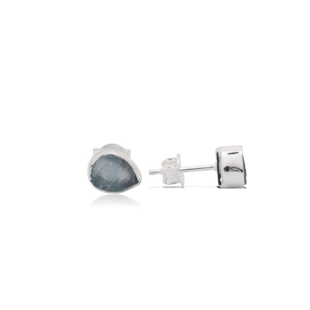 Natural Aquamarine Birthstone Sterling Silver Round Studs Earrings