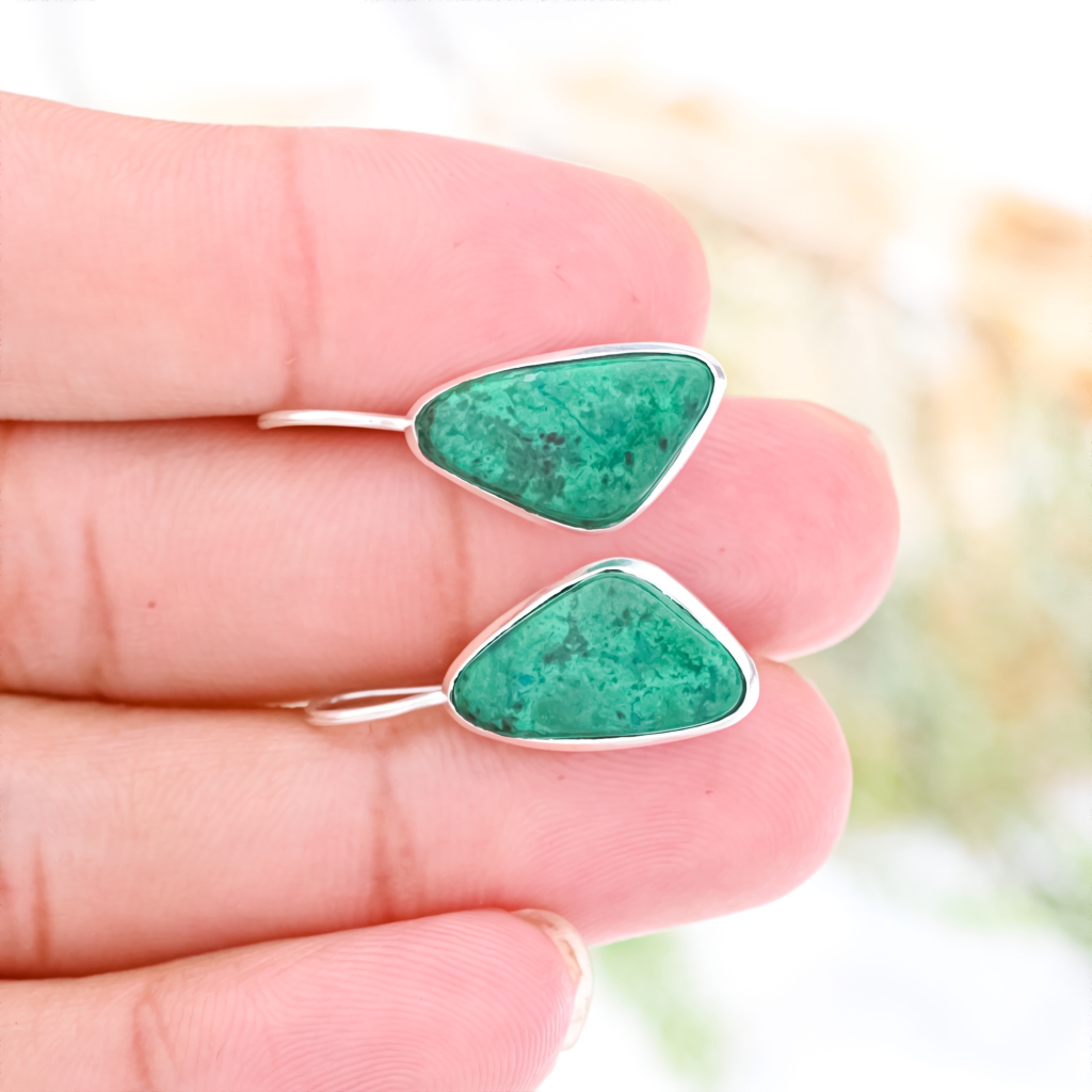Fancy Shape Chrysocolla Gemstone Dangle Sterling Silver Women's Earrings