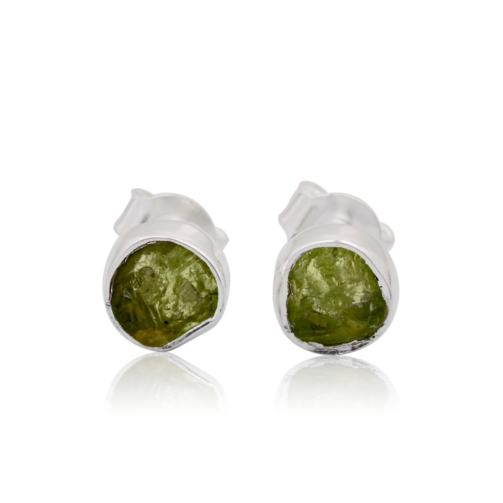 Natural Peridot Birthstone Sterling Silver Round Studs Earrings