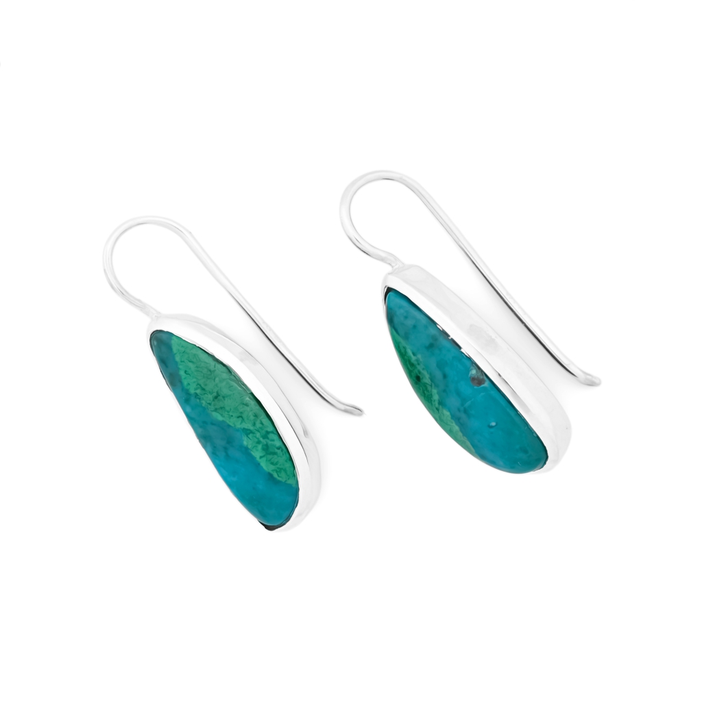Fancy Shape Chrysocolla Gemstone Dangle Sterling Silver Women Earrings
