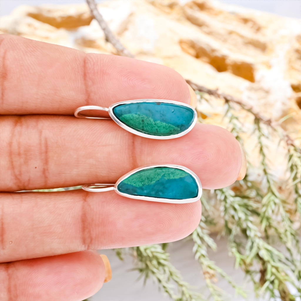 Fancy Shape Chrysocolla Gemstone Dangle Sterling Silver Women Earrings