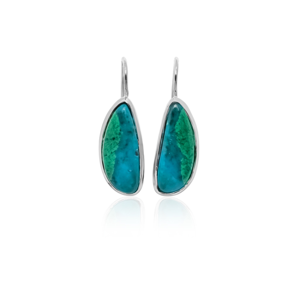 Fancy Shape Chrysocolla Gemstone Dangle Sterling Silver Women Earrings