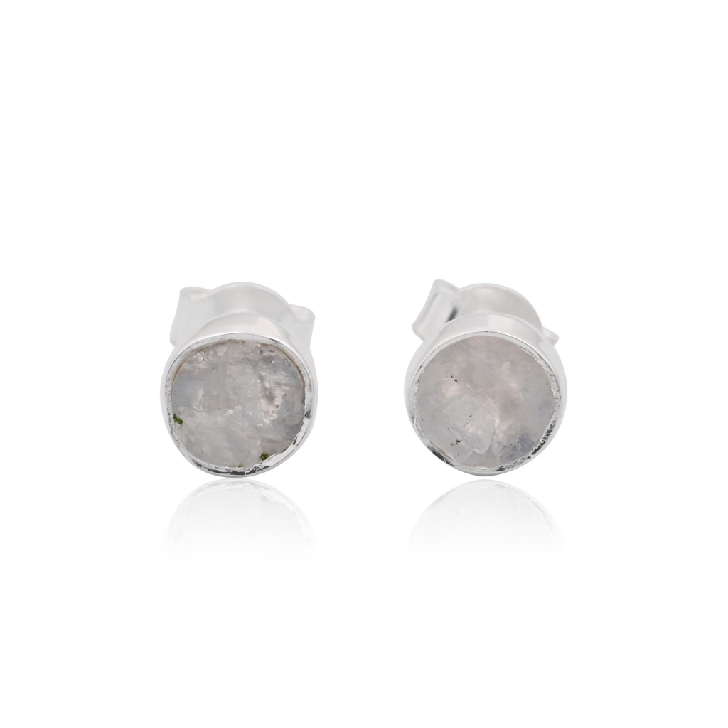 Natural Rainbow Moonstone Birthstone Sterling Silver Round Studs Earrings