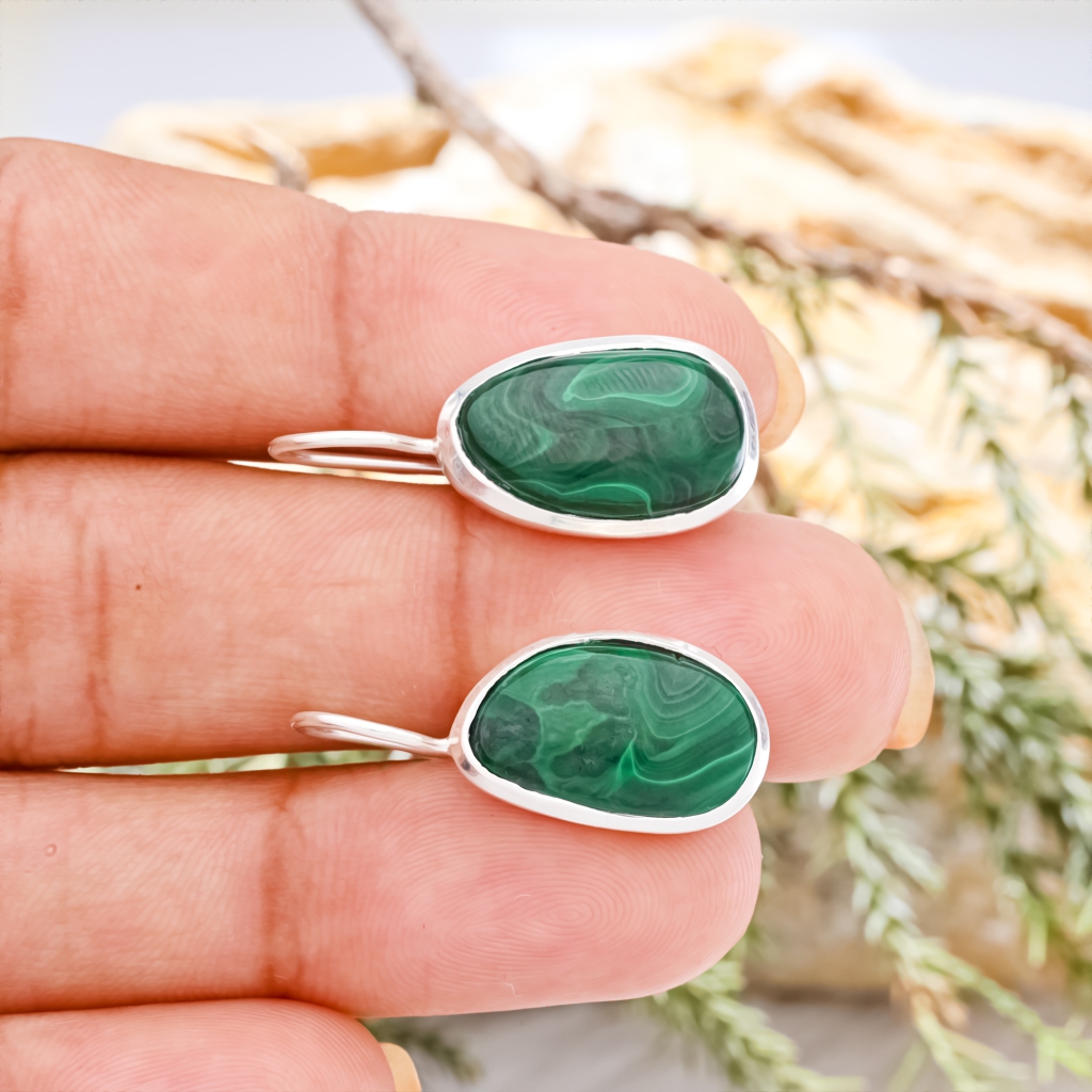 Natural Malachite Gemstone Dangle Sterling Silver Women Earrings
