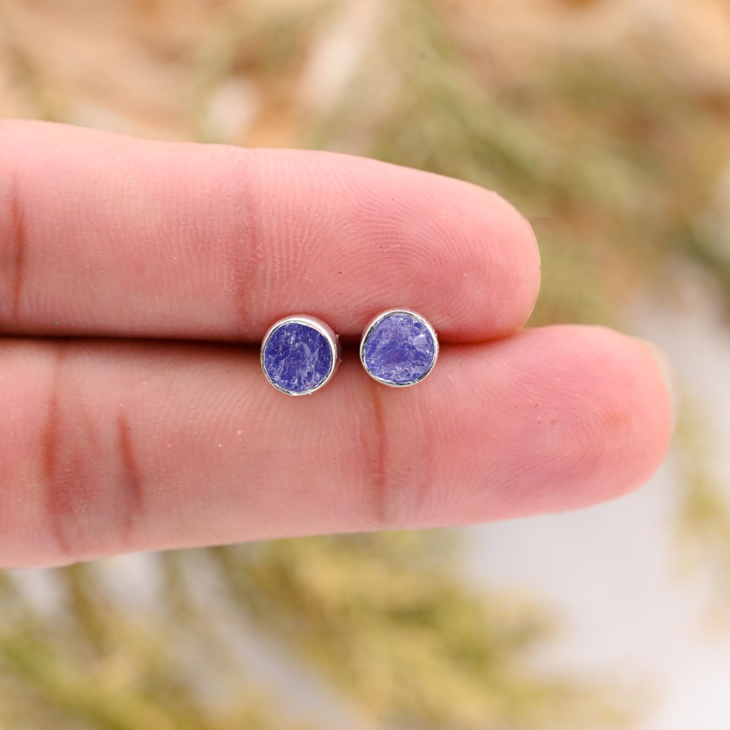 Natural Tanzanite Birthstone Sterling Silver Round Studs Earrings