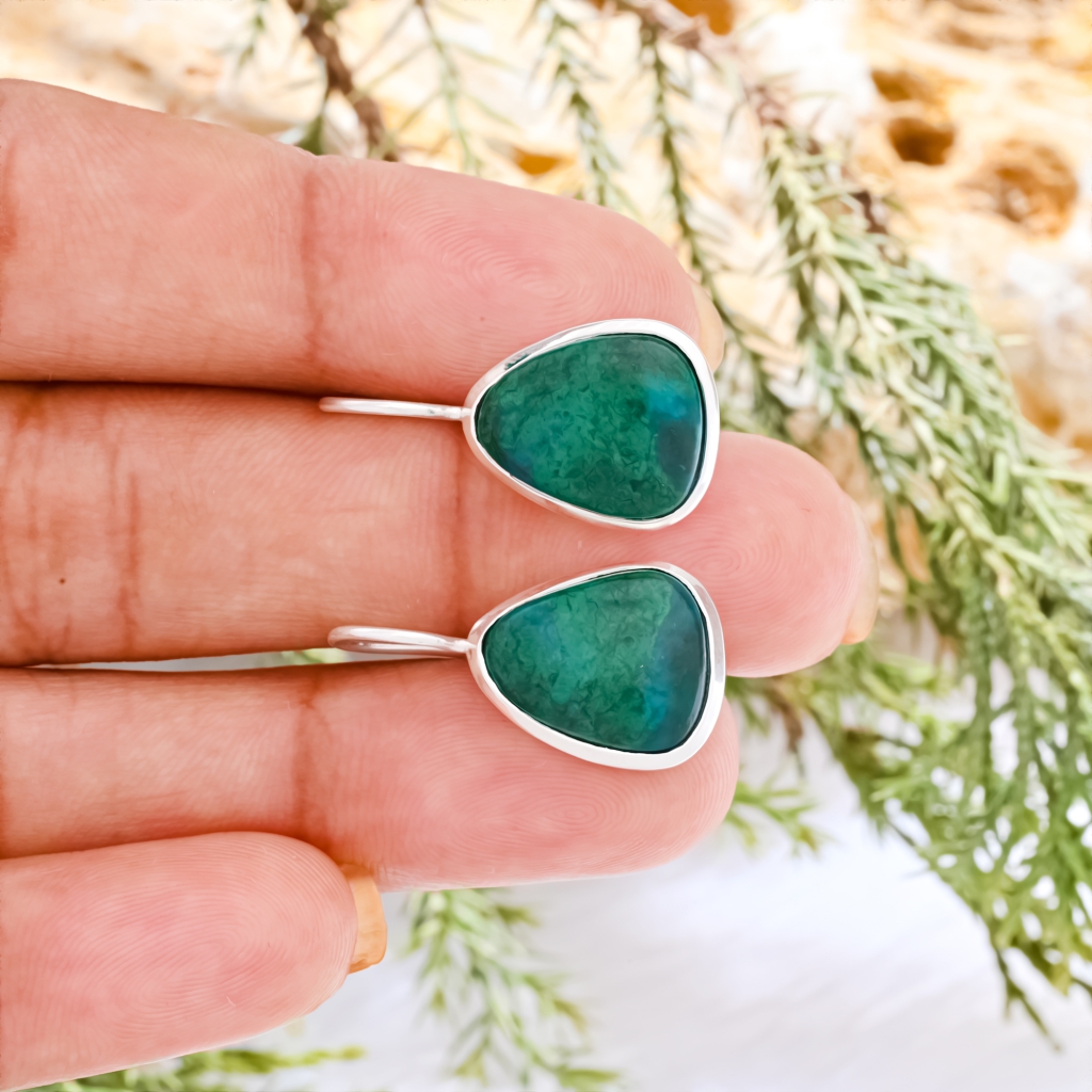 Fancy Shape Chrysocolla Gemstone Dangle Sterling Silver Women Earrings