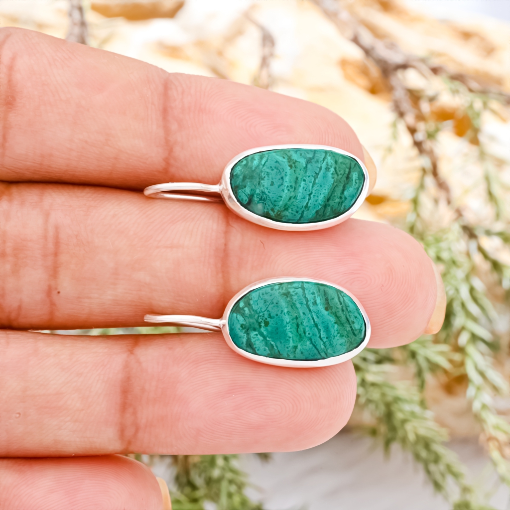 Natural Chrysocolla Gemstone Dangle Sterling Silver Women's Earrings