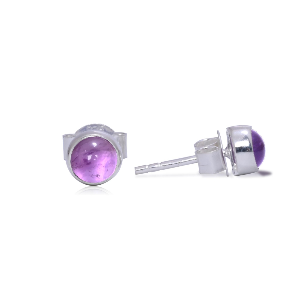 Natural Amethyst Birthstone Sterling Silver Round Studs Earrings