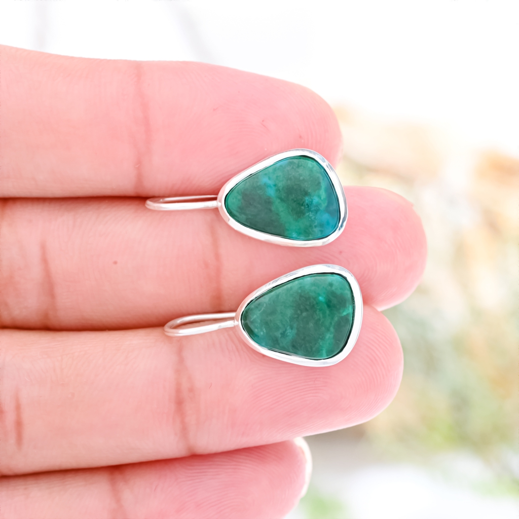 Natural Chrysocolla Gemstone Dangle Sterling Silver Women Earrings