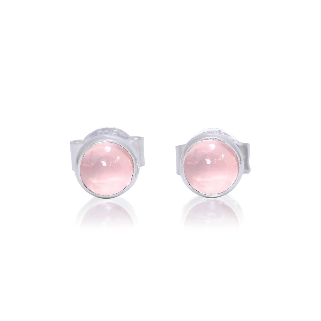 Natural Rose Quartz  Birthstone Sterling Silver Round Studs Earrings