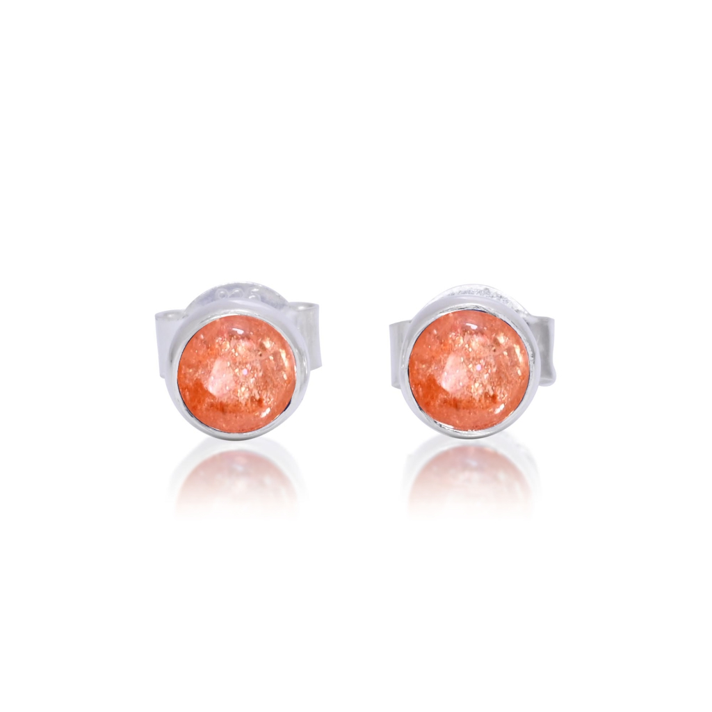 Natural SunStone  Birthstone Sterling Silver Round Studs Earrings