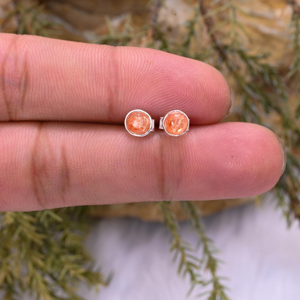 Natural SunStone  Birthstone Sterling Silver Round Studs Earrings