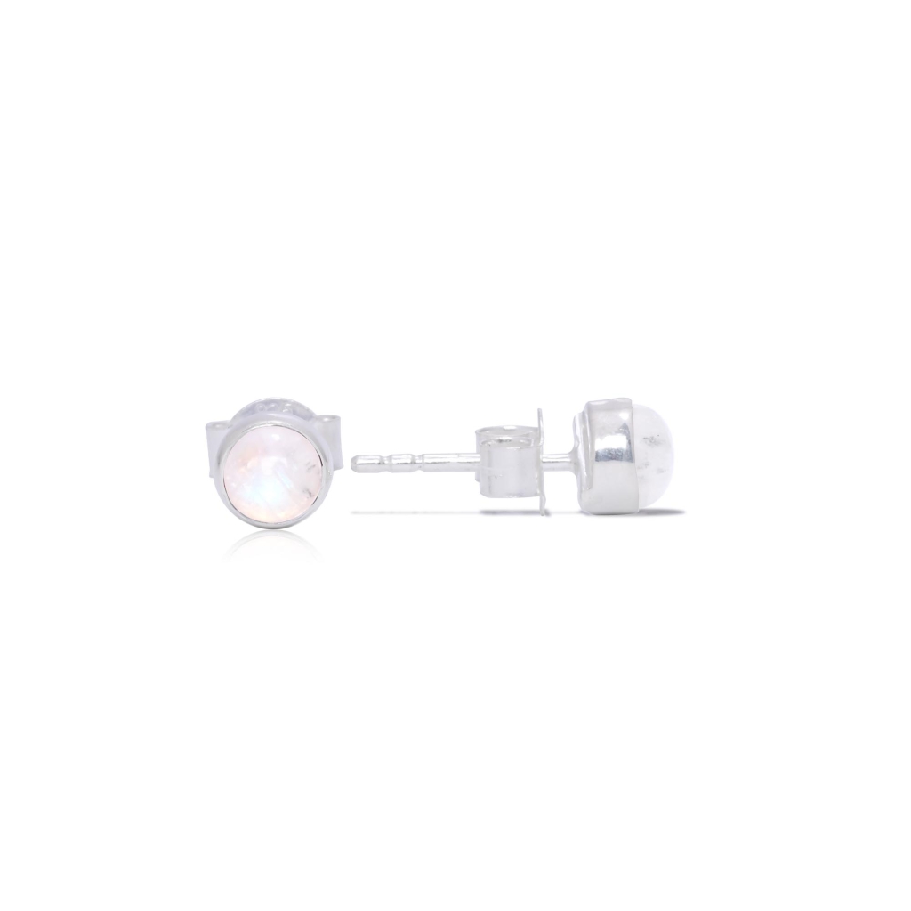 Natural Rainbow Moonstone Birthstone Sterling Silver Round Studs Earrings