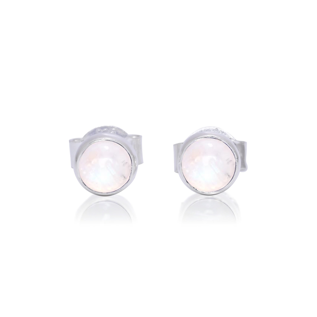 Natural Rainbow Moonstone Birthstone Sterling Silver Round Studs Earrings