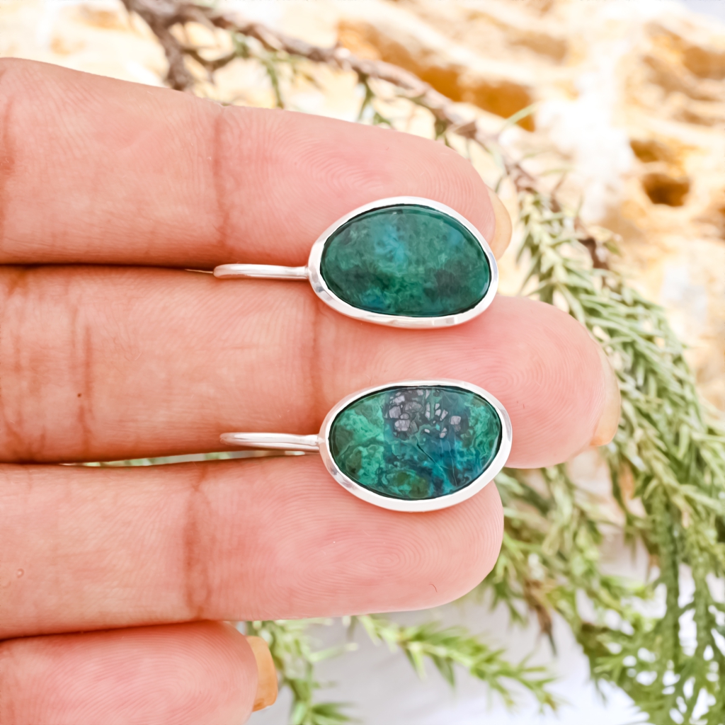 Natural Chrysocolla Gemstone Dangle Sterling Silver Women Earrings