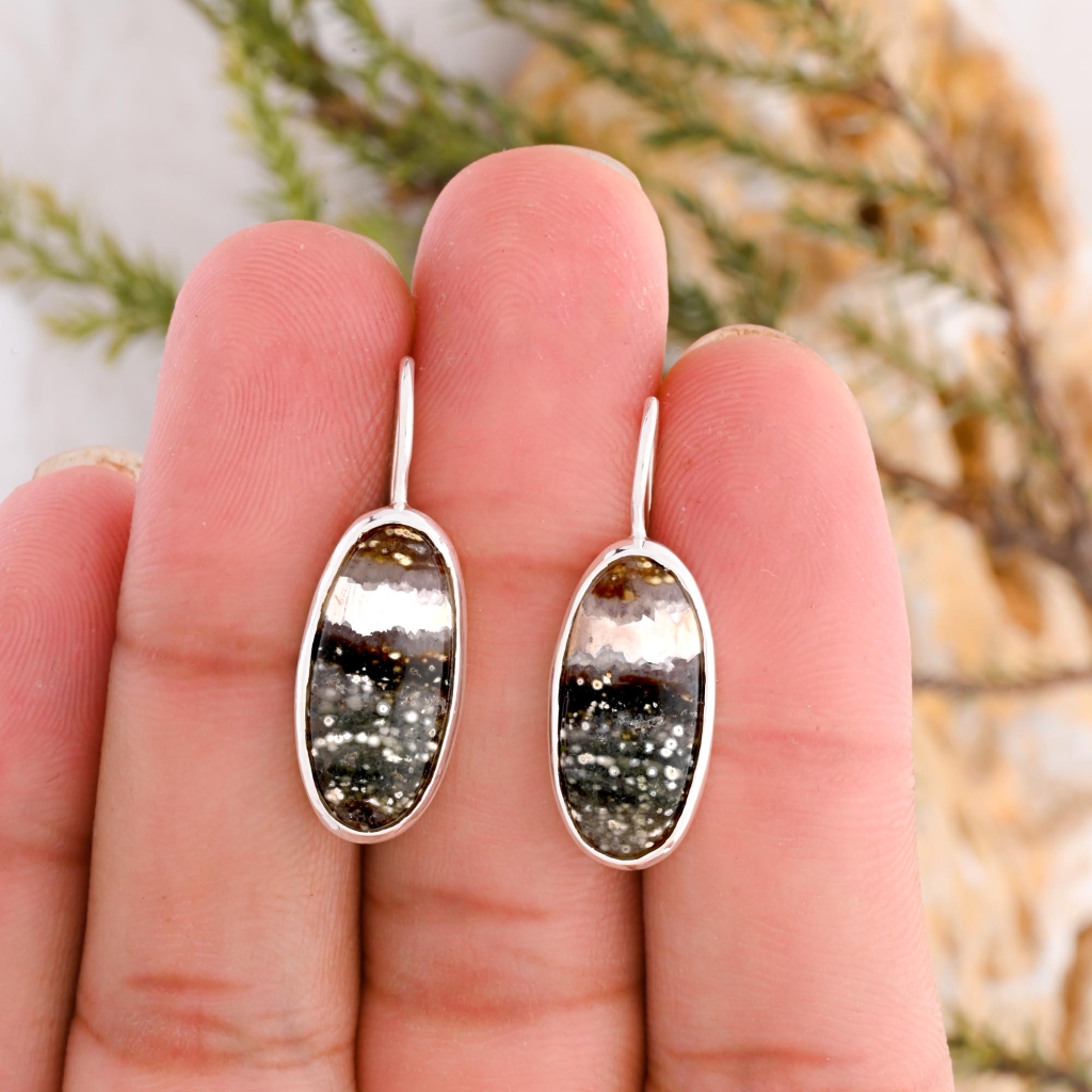 Natural Ocean Jasper Oval Shape Dangle Sterling Silver Women's Earring