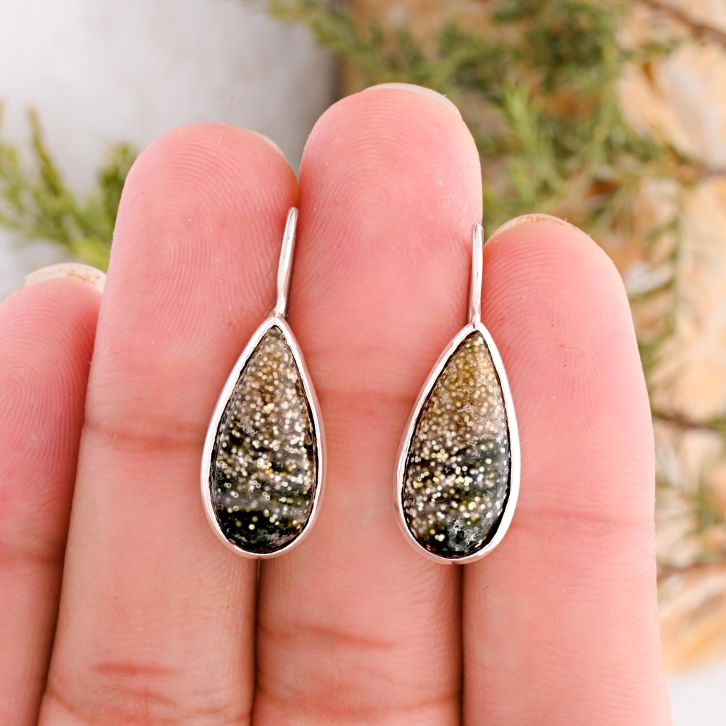 Natural Ocean Jasper Pear Shape Dangle Sterling Silver Women's Earring