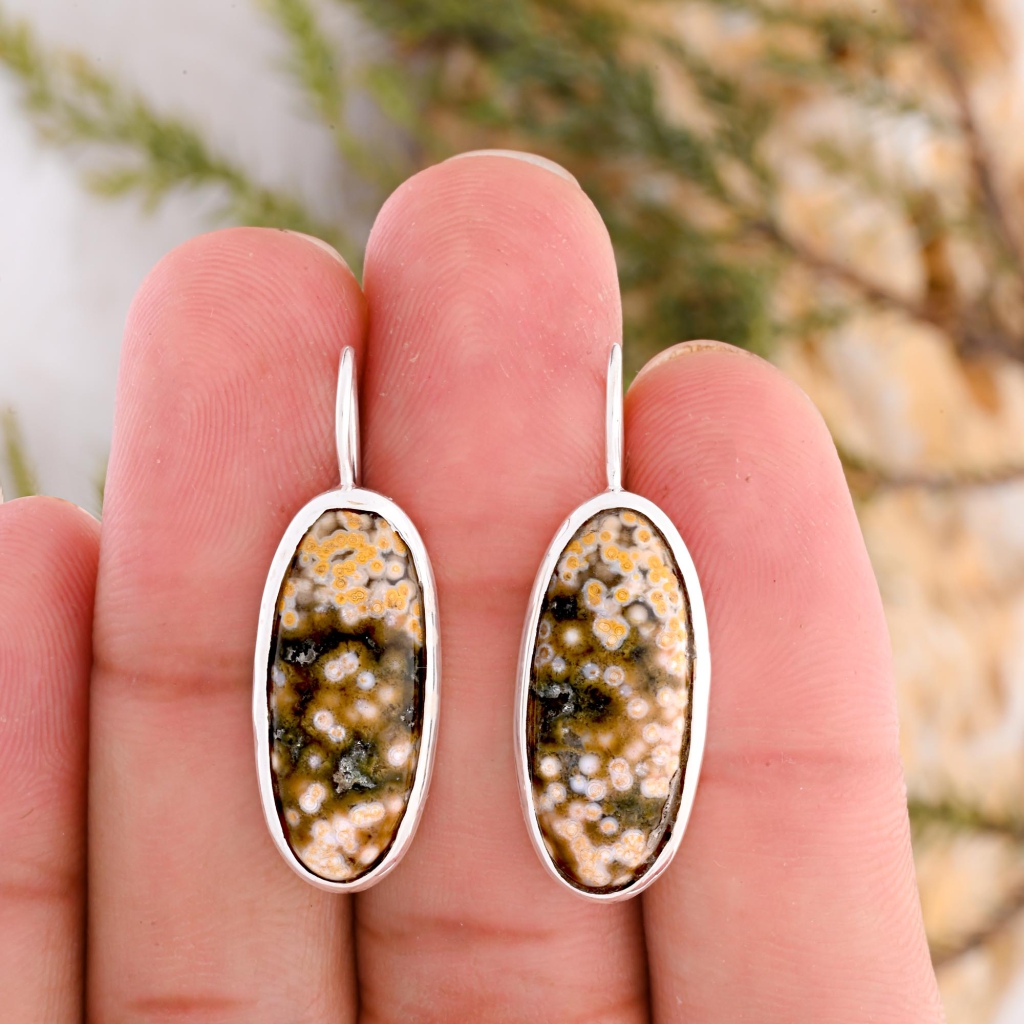 Natural Ocean Jasper Oval Shape Dangle Sterling Silver Women's Earring