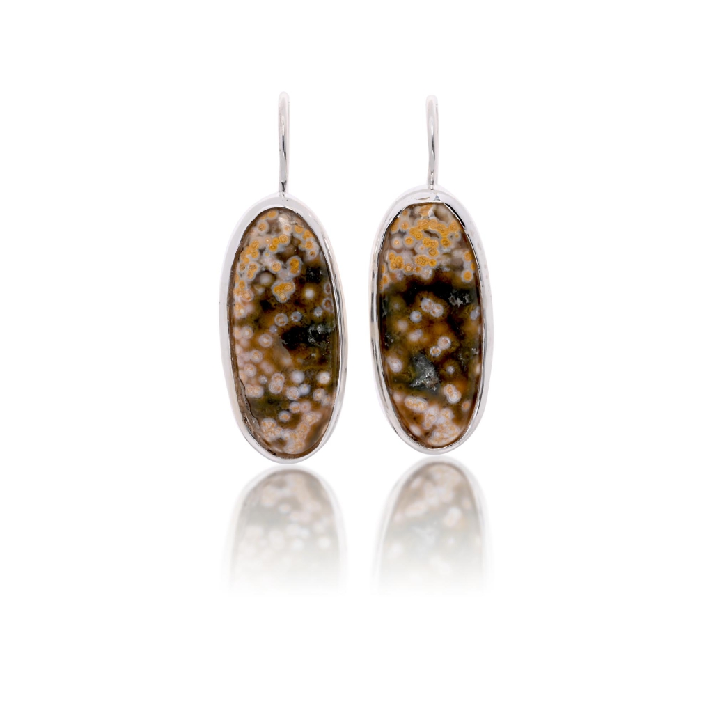 Natural Ocean Jasper Oval Shape Dangle Sterling Silver Women's Earring