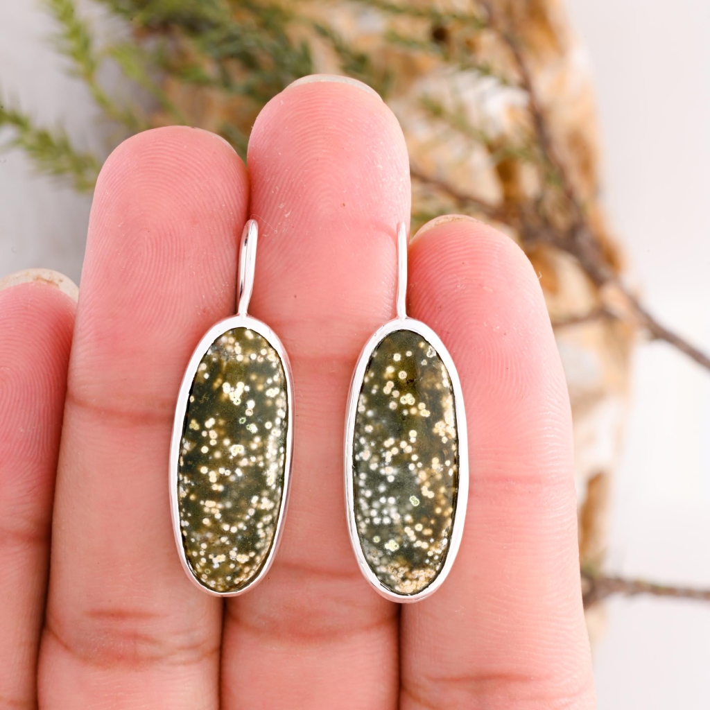 Natural Ocean Jasper Oval Shape Dangle Sterling Silver Women's Earring