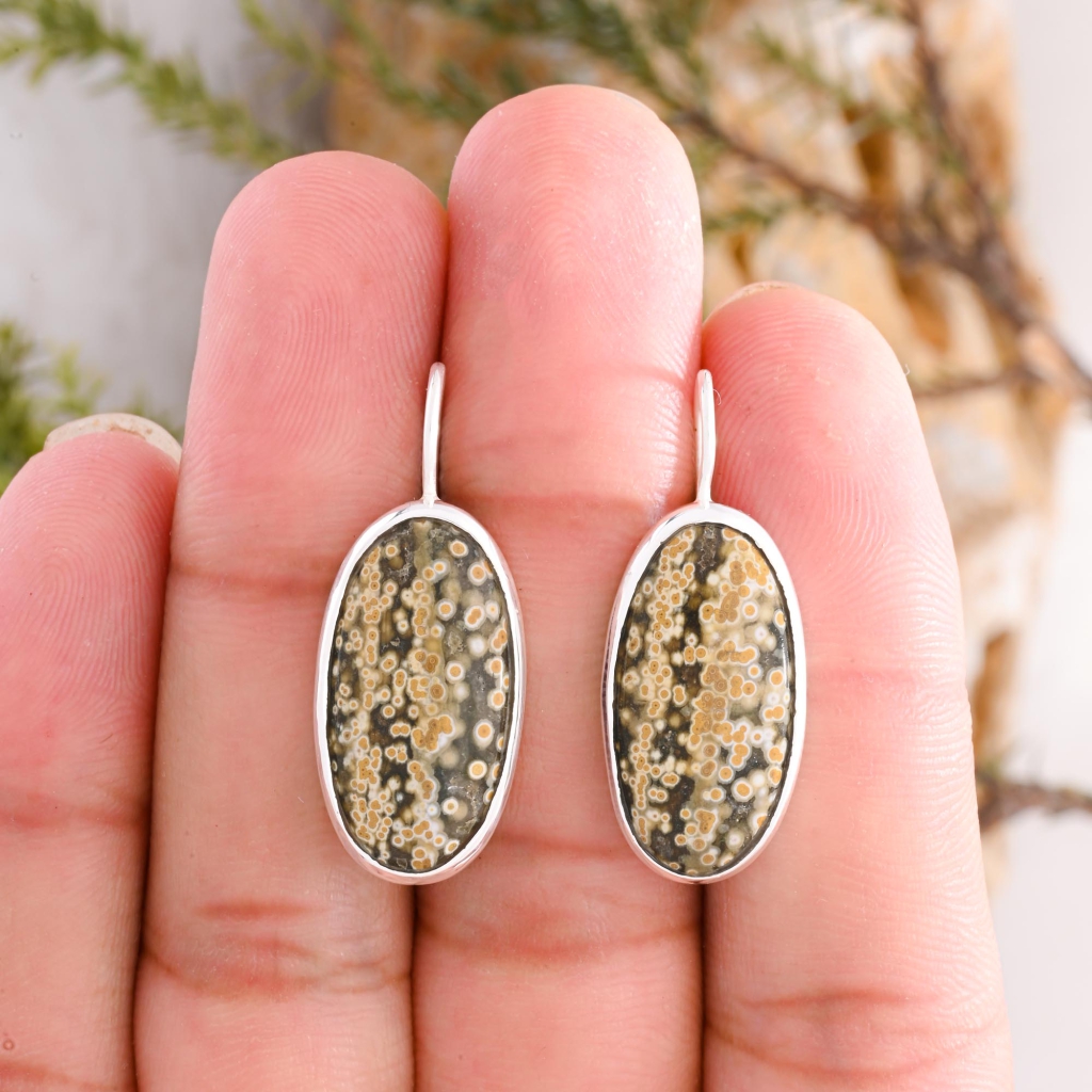Natural Ocean Jasper Oval Shape Dangle Sterling Silver Women's Earring