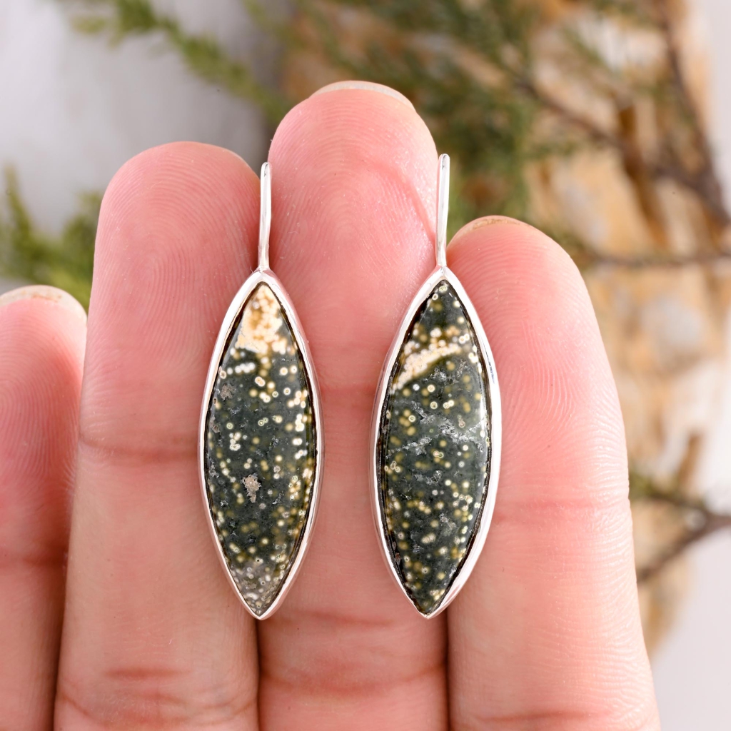 Natural Ocean Jasper Marquise Shape Dangle Sterling Silver Women Earrings