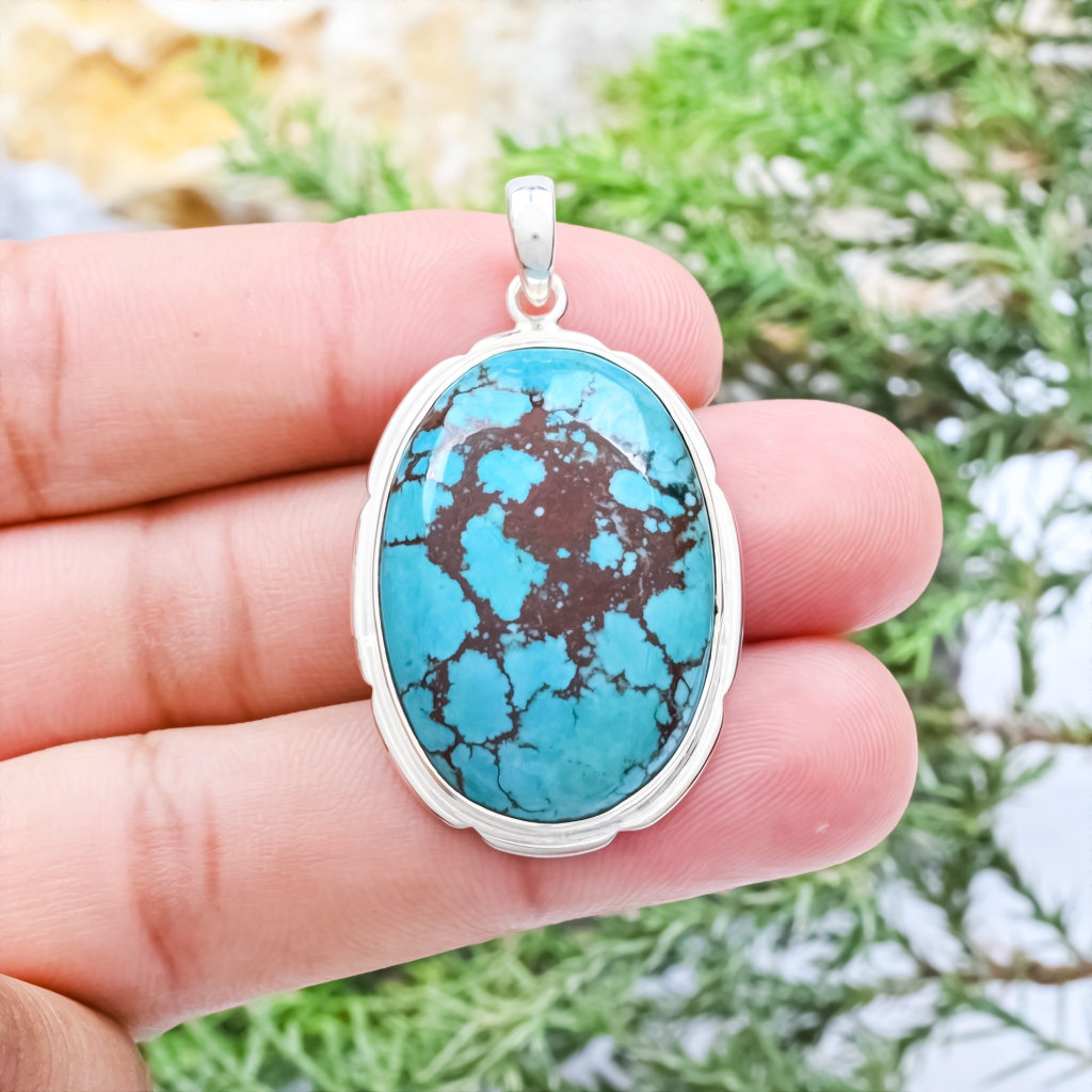 Natural Turquoise Oval Sterling Silver Pendant Jewellery For Women