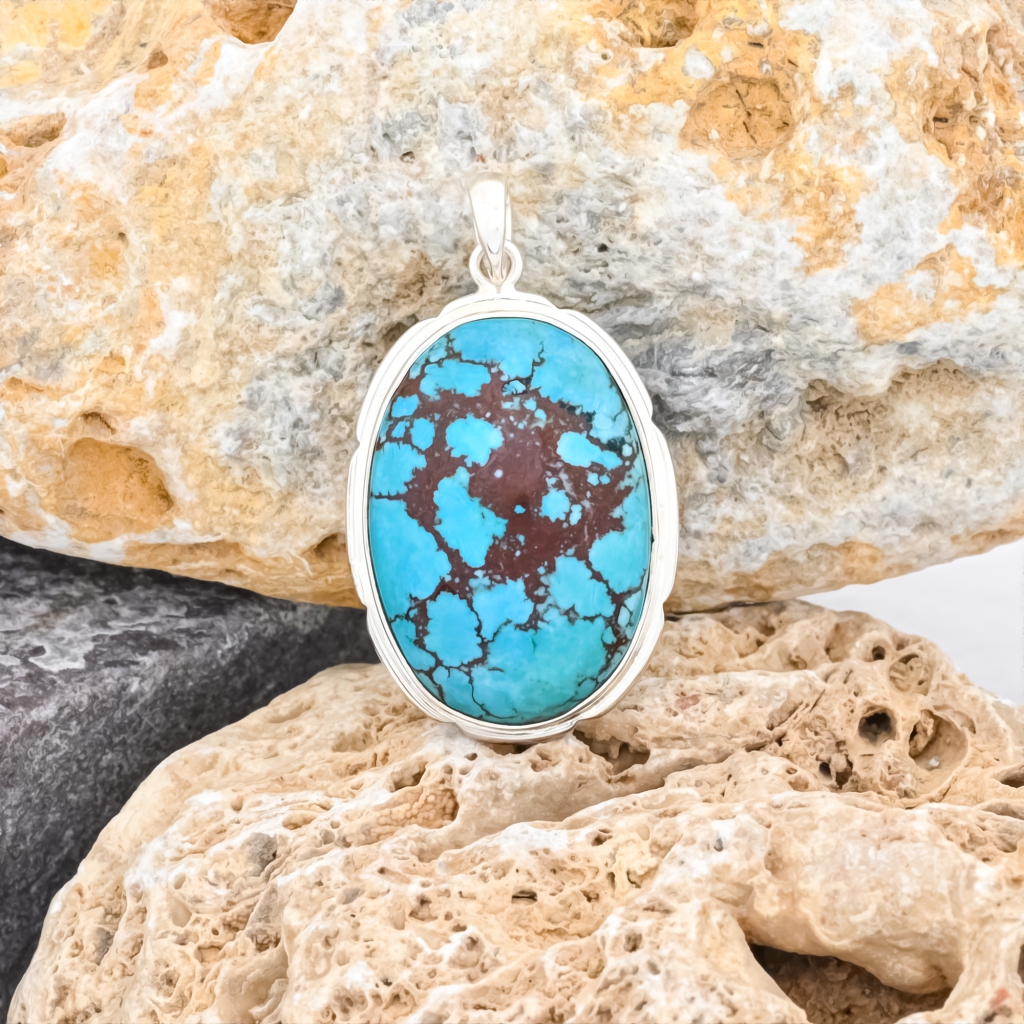 Natural Turquoise Oval Sterling Silver Pendant Jewellery For Women