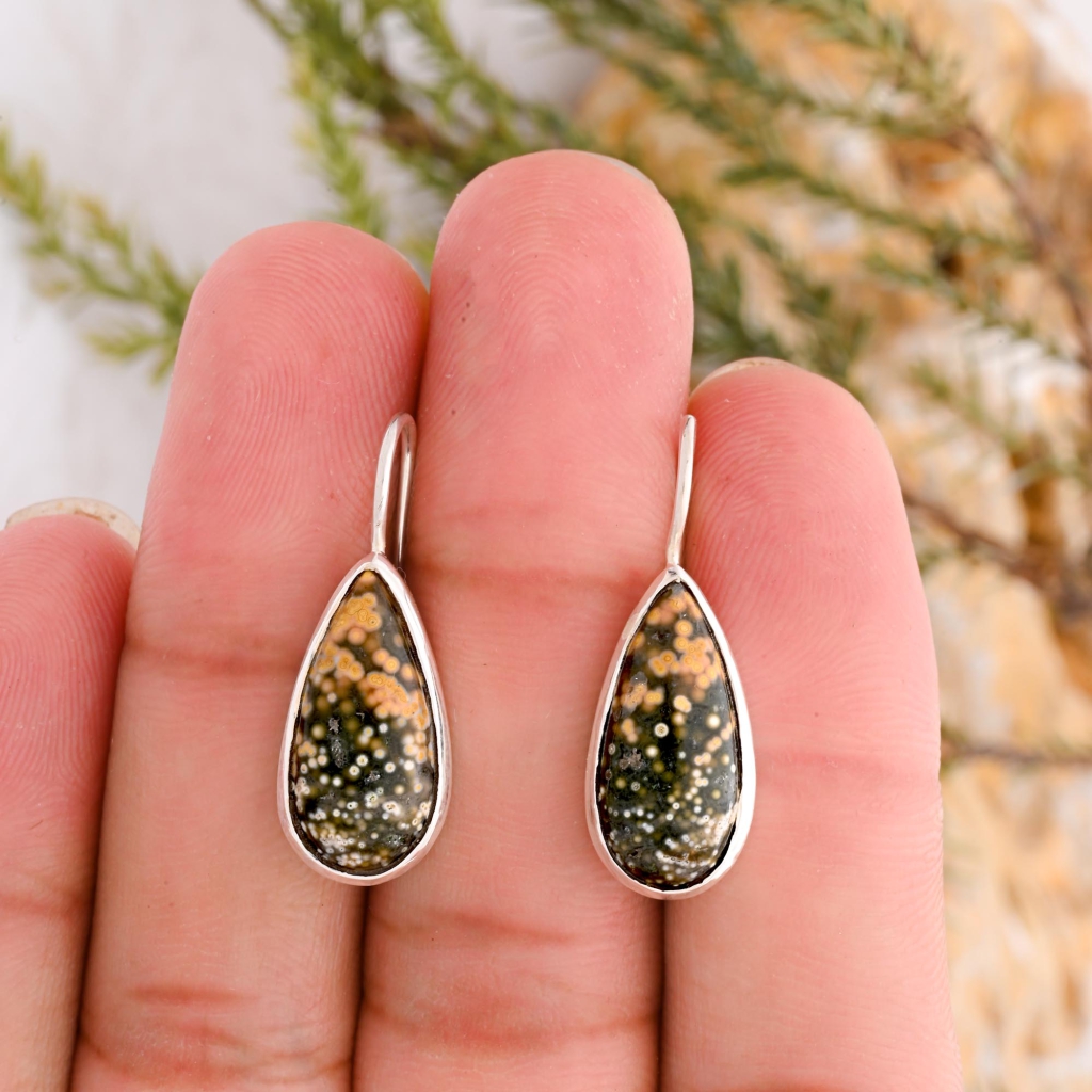 Natural Ocean Jasper Pear Shape Dangle Sterling Silver Women Earring