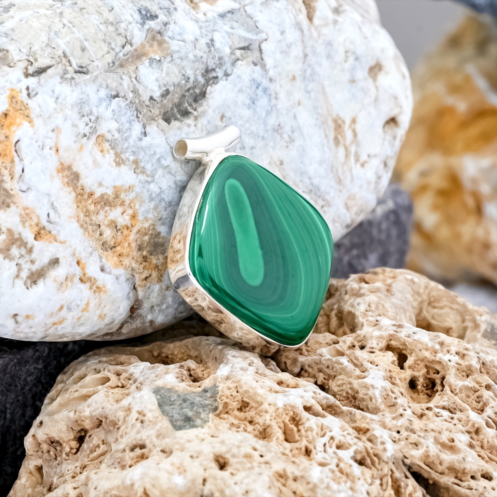 Natural Green Malachite Square Sterling Silver Pendant Jewellery