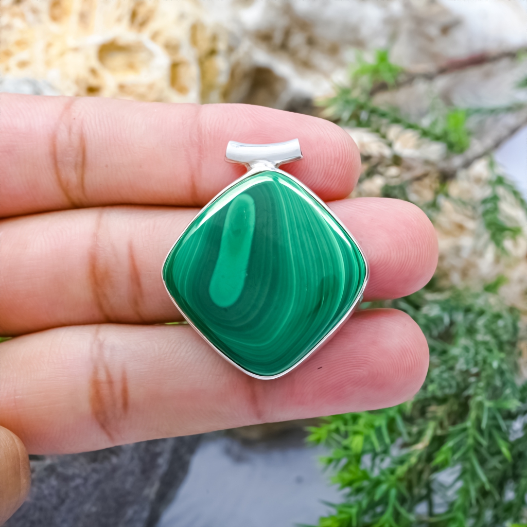 Natural Green Malachite Square Sterling Silver Pendant Jewellery