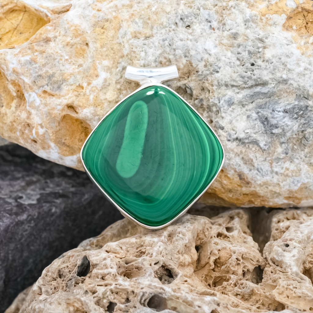 Natural Green Malachite Square Sterling Silver Pendant Jewellery