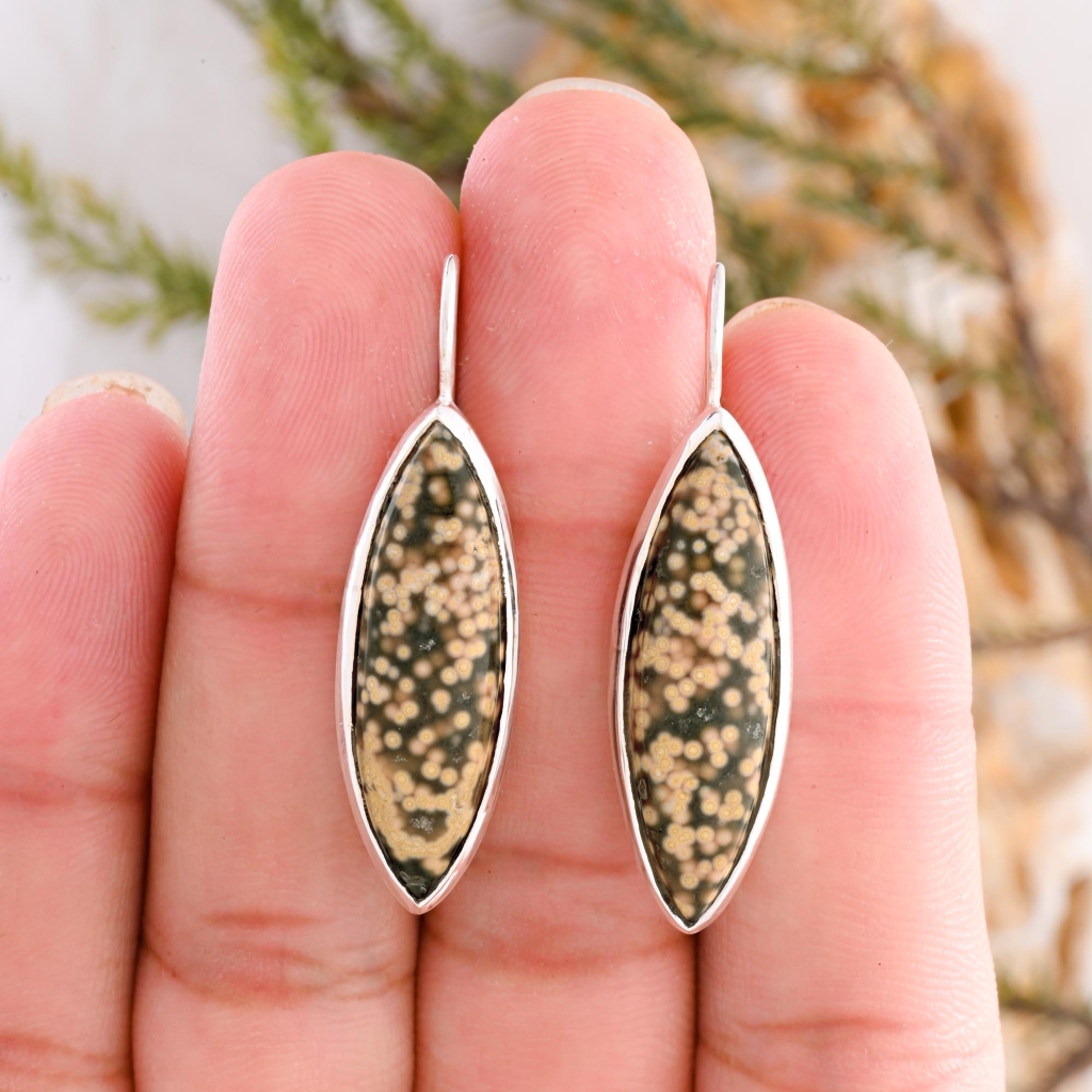 Natural Ocean Jasper Marquise Shape Dangle Sterling Silver Women's Earring