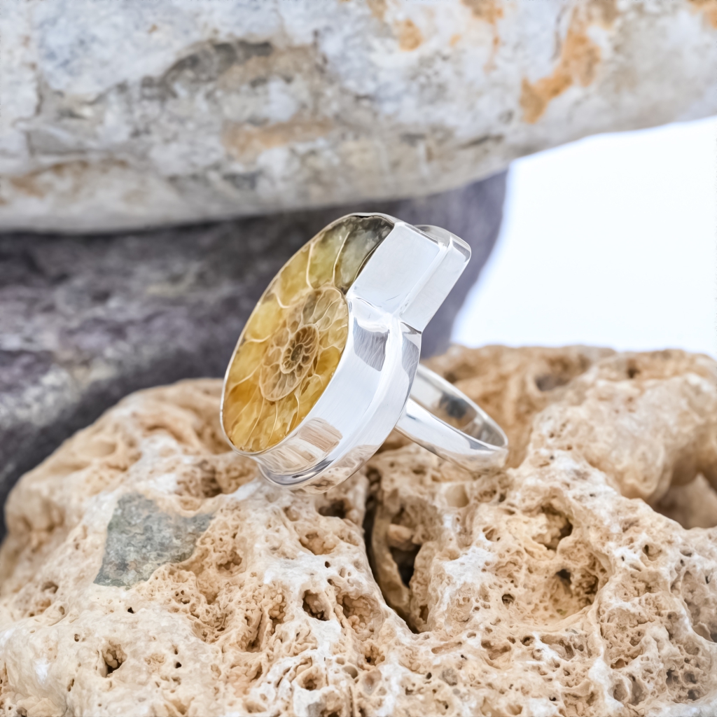 Natural Ammonite Fossil Conch Sterling Silver Rings Jewellery