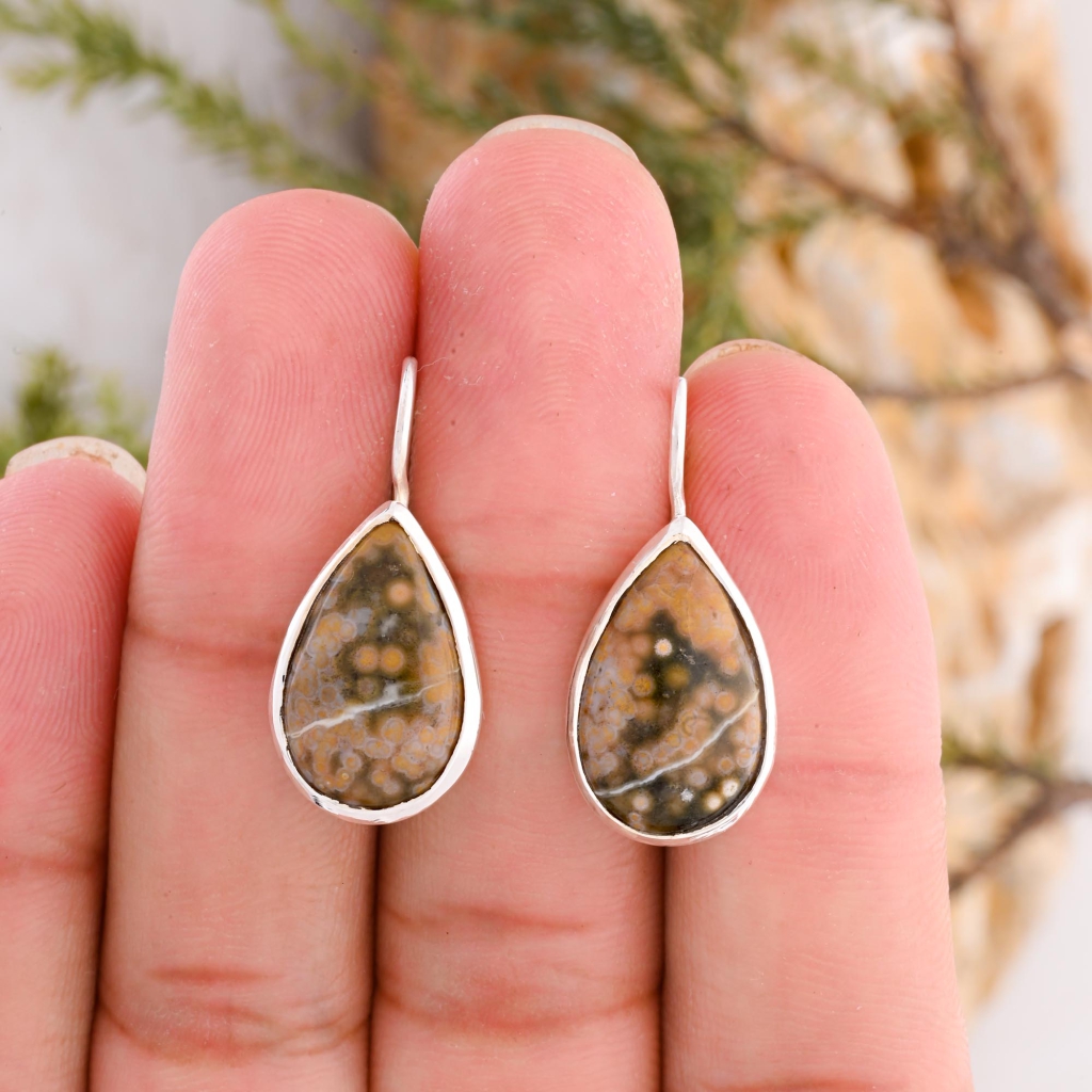 Natural Ocean Jasper Drop Earrings in 925 Sterling Silver