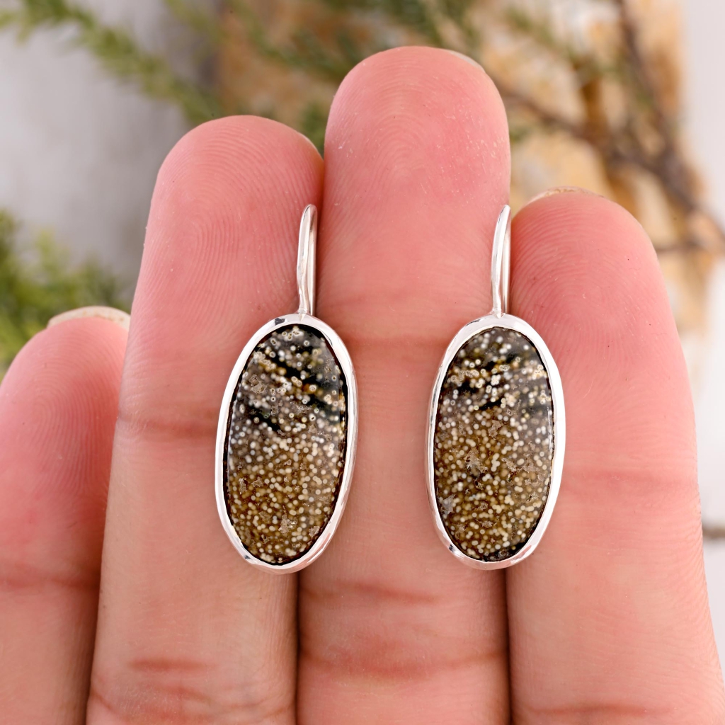 Natural Ocean Jasper Oval Shape Dangle Sterling Silver Women's Earring