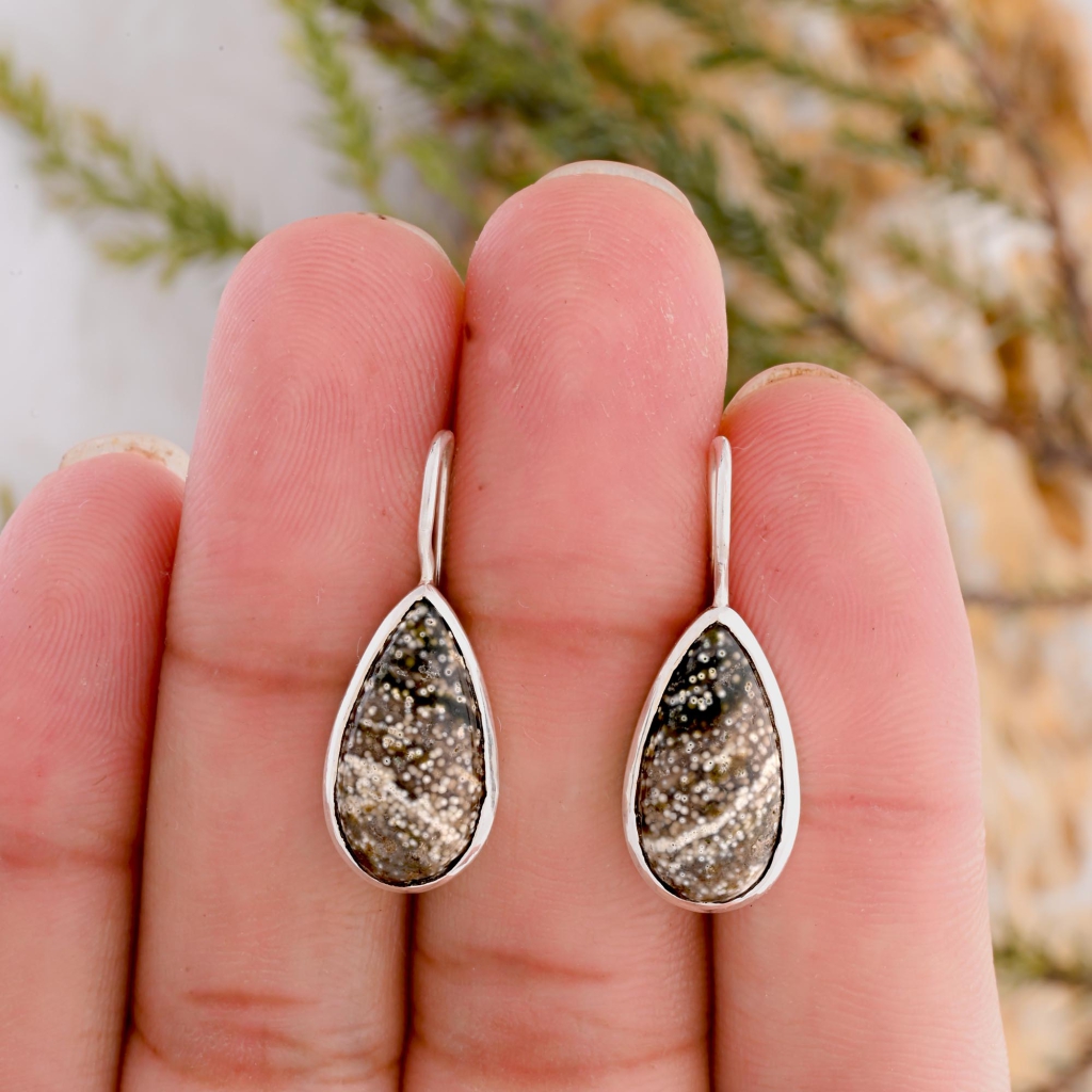 Natural Ocean Jasper Pear Shape Dangle Sterling Silver Women Earring