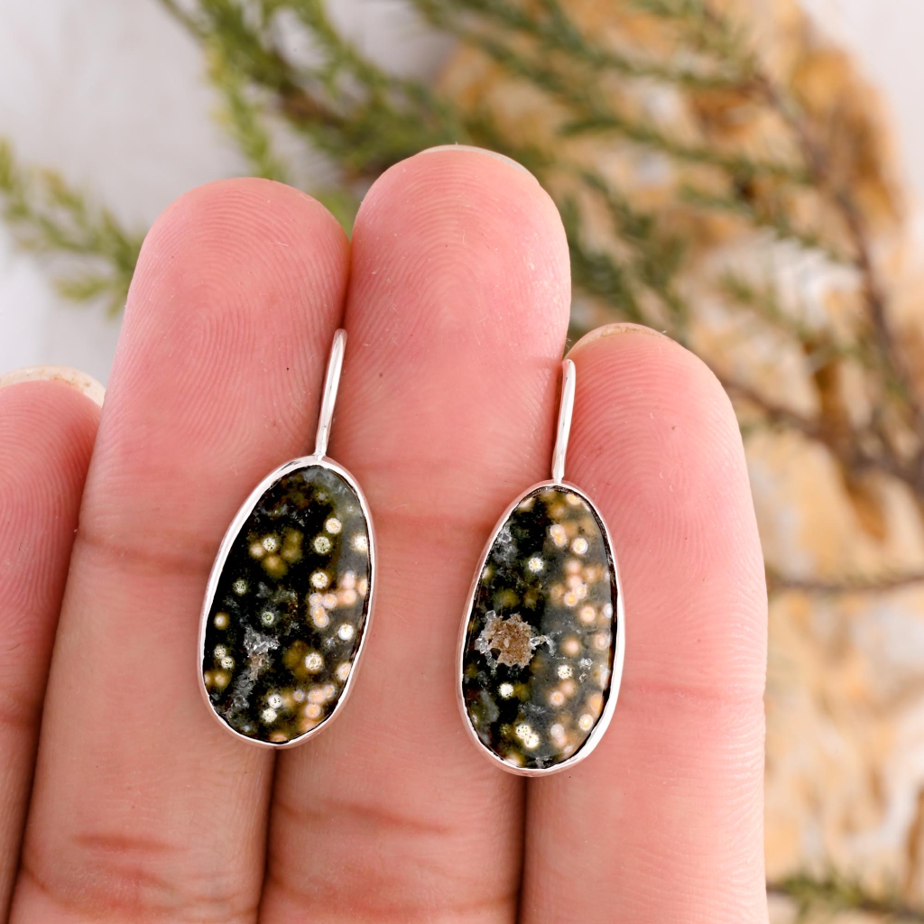 Natural Ocean Jasper Oval Shape Dangle Sterling Silver Women Earring