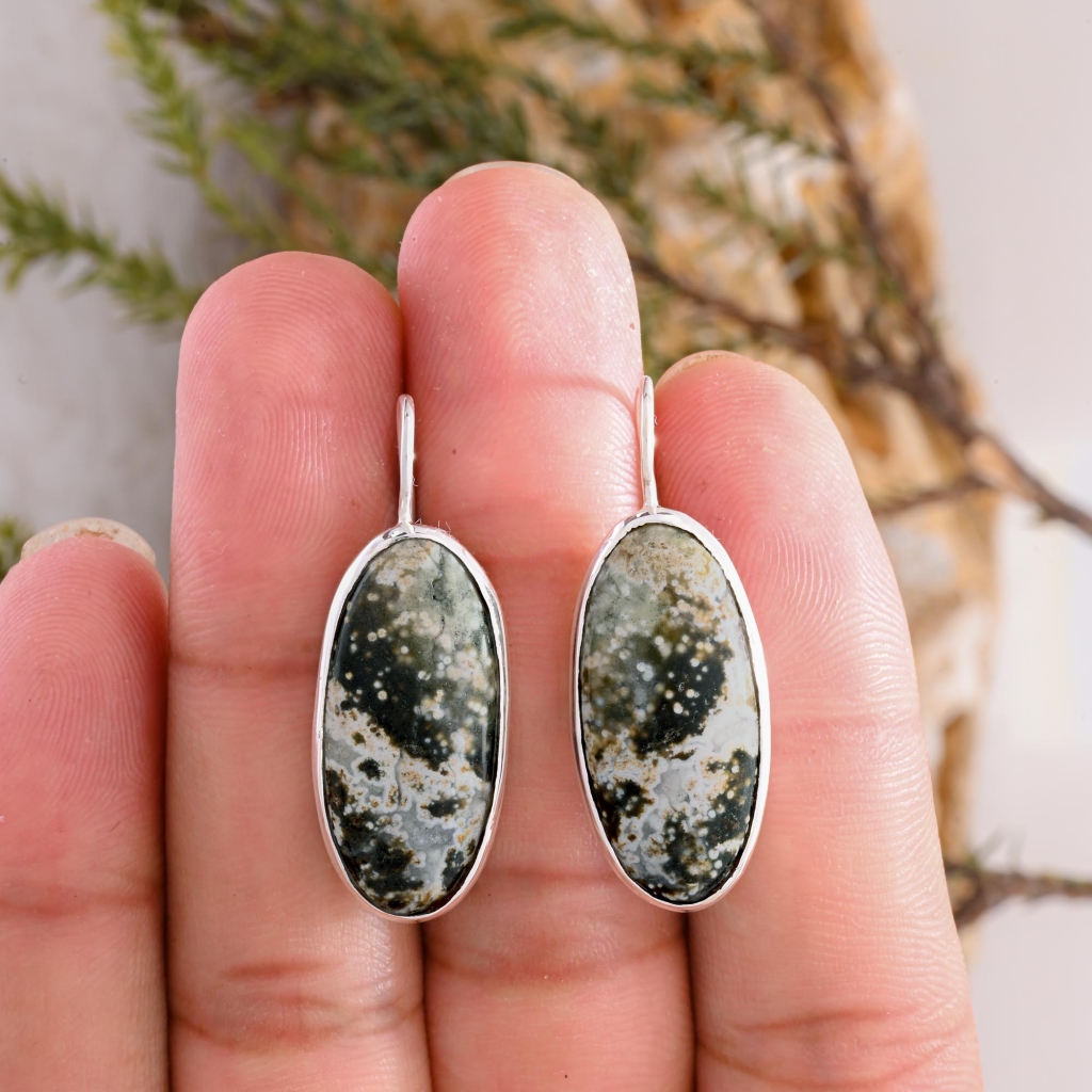 Natural Ocean Jasper Oval Shape Dangle Sterling Silver Women's Earring