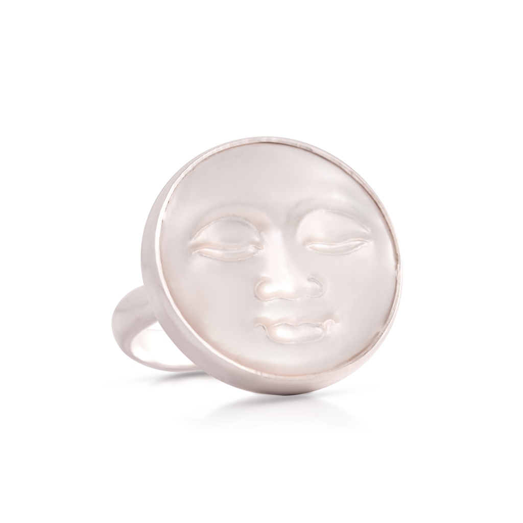 Natural Mother of Pearl Face Carving Sterling Silver Ring For Women